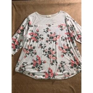 Bobbie Brooks Women 3XL White Pink Roses Floral 3/4 Sleeve Sheer Panel Top (V)